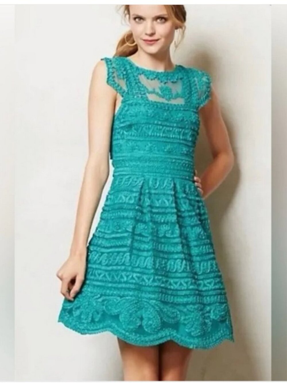 NWOT Anthropologie Yoana Baraschi Teal Lace Cap-Sleeve Mini Dress Sz 4